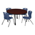 36" Round Mobile Mahogany Table with 4 Navy Blue Stack Chairs V917768