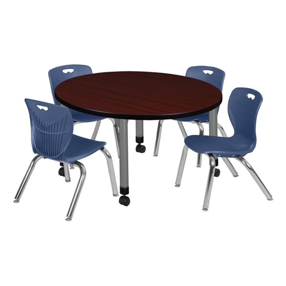 36" Round Mobile Mahogany Table with 4 Navy Blue Stack Chairs V917768