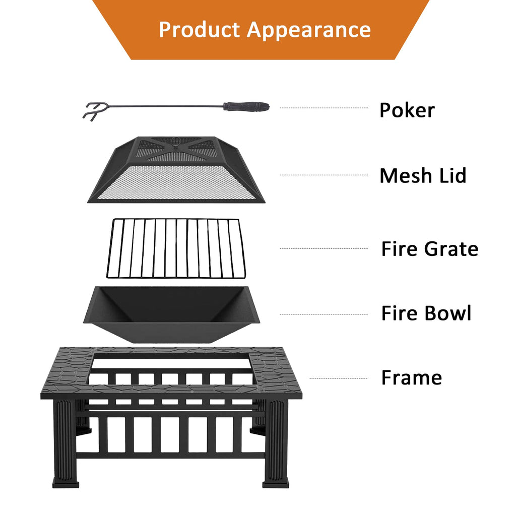 32 Inch Metal Square Outdoor Wood Burning Fire Pit Table Y771023