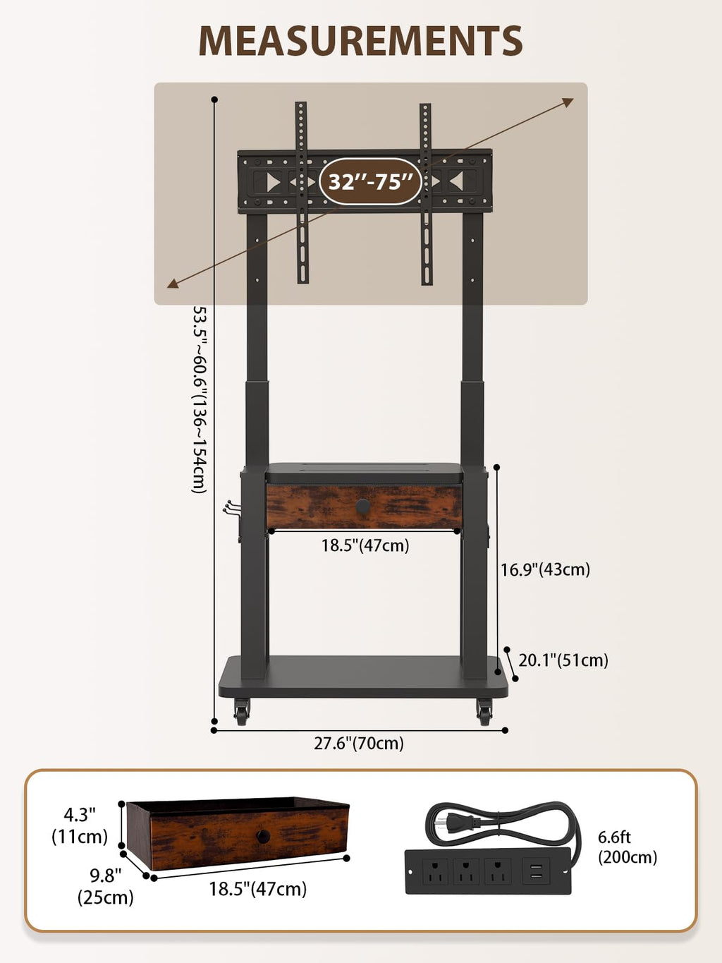 Black Rolling TV Stand with Power Outlet for 32-75 Inch Screens B1866