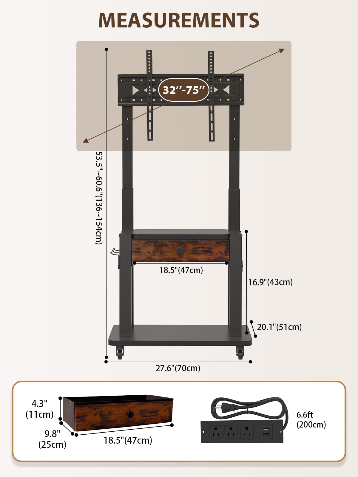 Black Rolling TV Stand with Power Outlet for 32-75 Inch Screens B1866