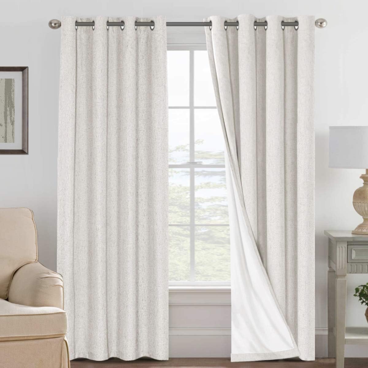 100% Blackout Linen Curtains 84" L 2 Panels Ivory U473
