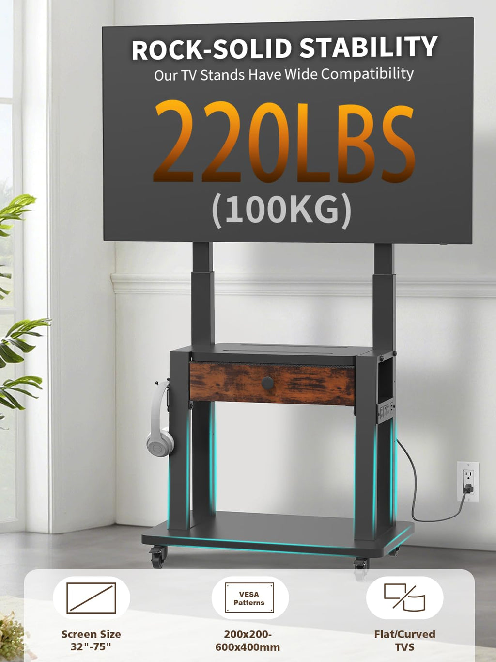 Black Rolling TV Stand with Power Outlet for 32-75 Inch Screens B1866