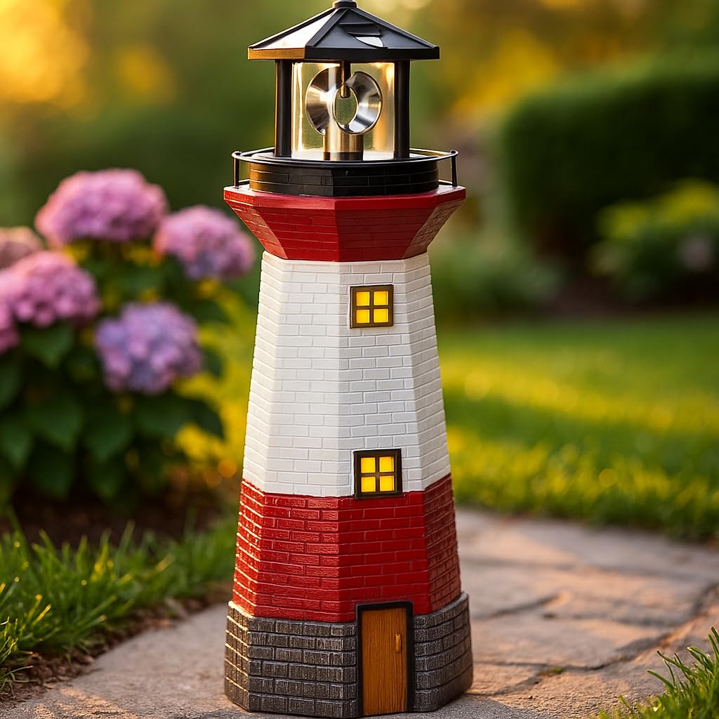 15" Red Solar Lighthouse with Rotating LED M994