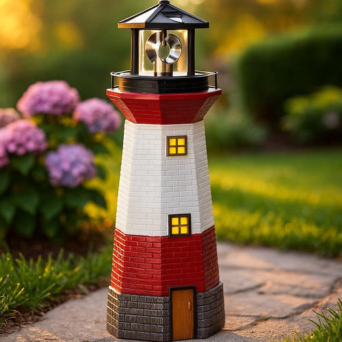 15" Red Solar Lighthouse with Rotating LED M994