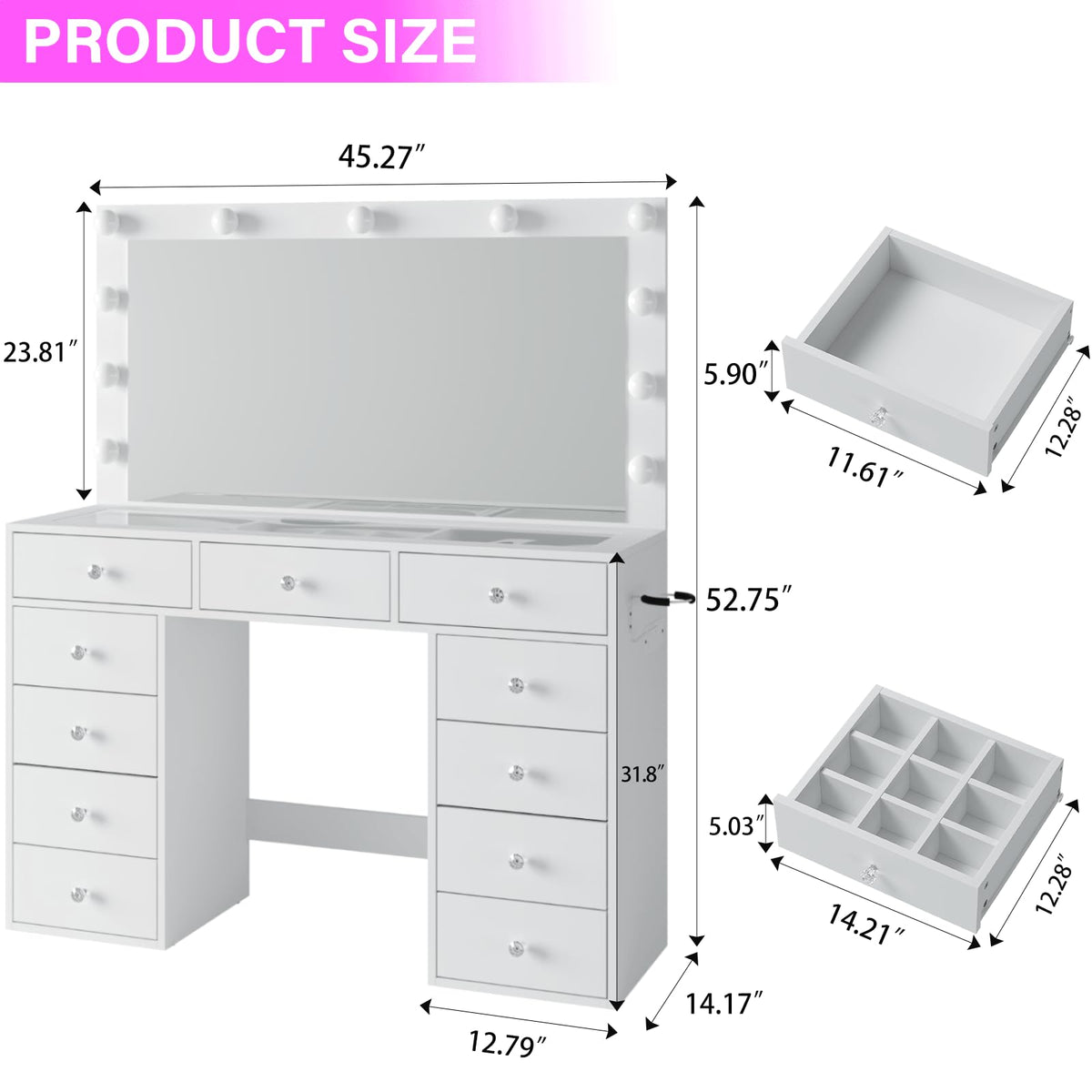 45" Large White Vanity Desk with RGB Lighting B6361