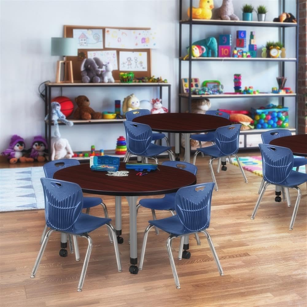 36" Round Mobile Mahogany Table with 4 Navy Blue Stack Chairs V917768