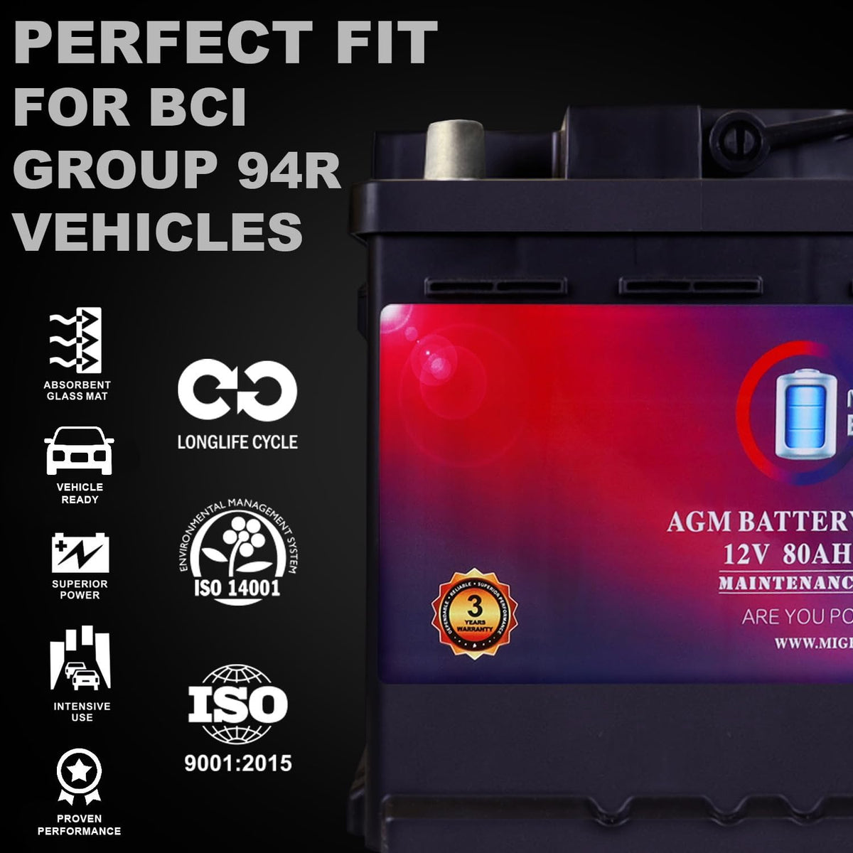 12V 80AH 850 CCA Replacement Battery O86277