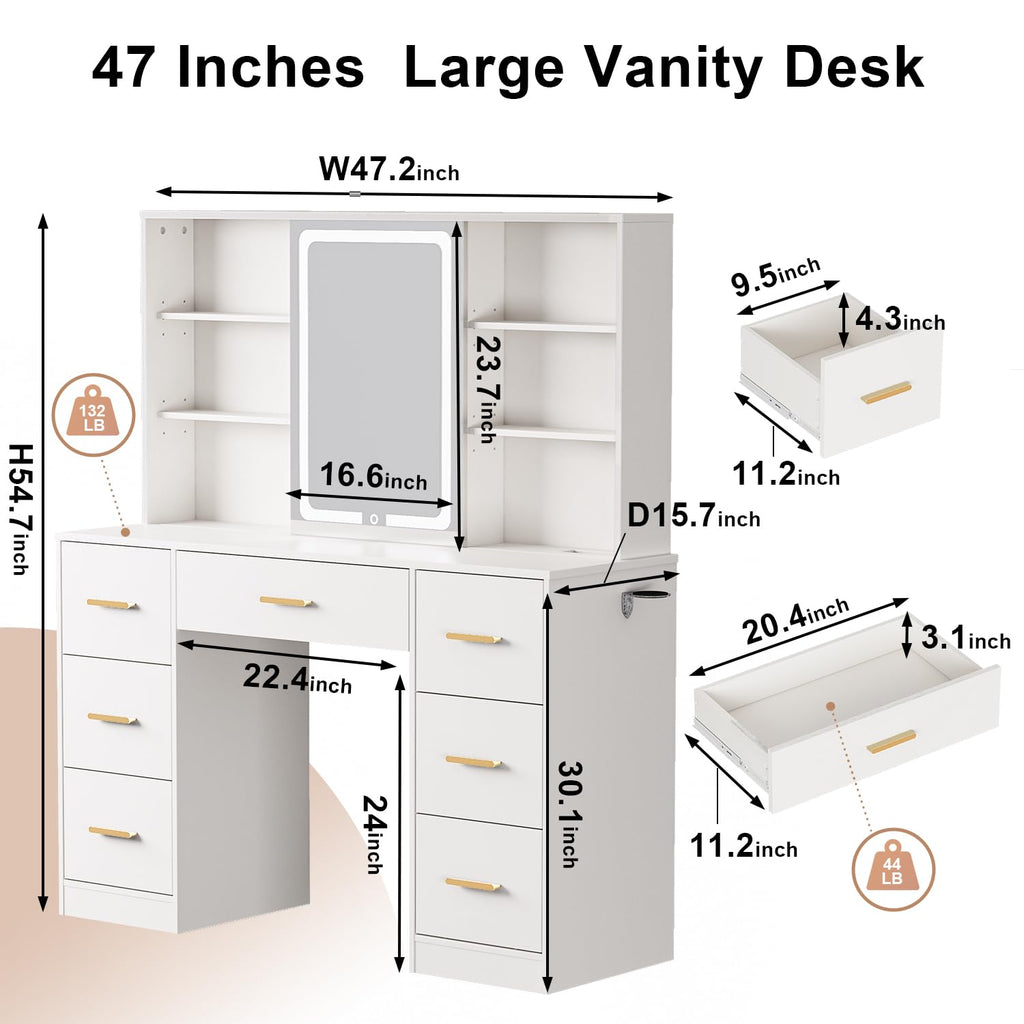 47'' White Vanity Desk with Mirror and Lights, 7 Drawers, 8 Storage Shelves S63069