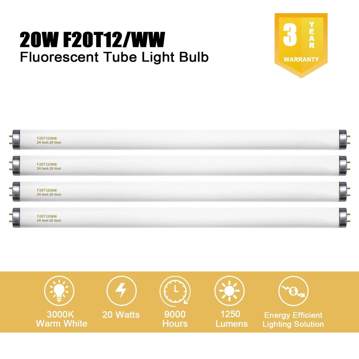 20 Watt Soft Warm White T12 Fluorescent Tube Light Bulb 24 Inch 4 Count V669