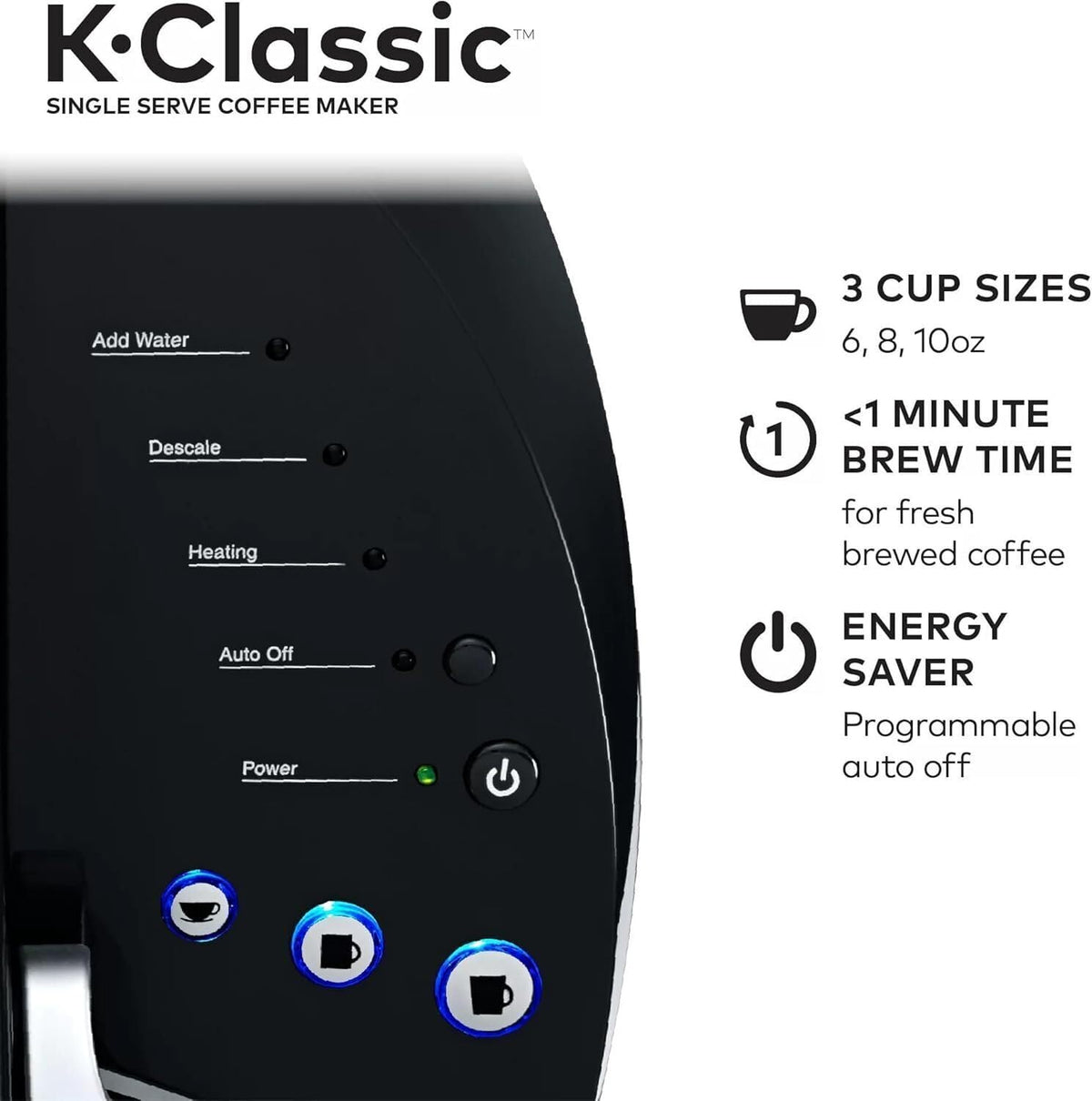 Single Serve K-Cup Pod Coffee Maker, 3 Brew Sizes, 48oz Removable Reservoir, Black Q3462