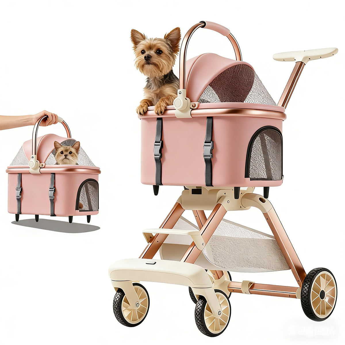 Pink Pet Stroller with One-Touch Brake O3624