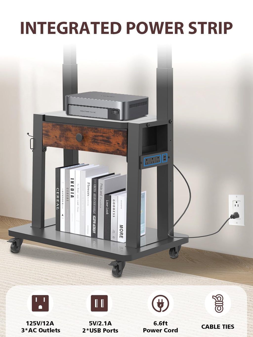 Black Rolling TV Stand with Power Outlet for 32-75 Inch Screens B1866