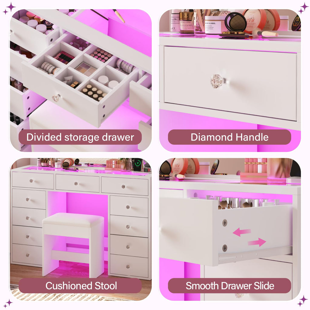 45" Large White Vanity Desk with RGB Lighting B6361
