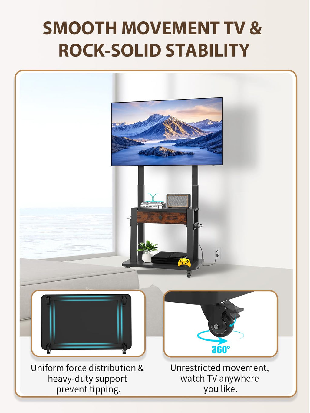 Black Rolling TV Stand with Power Outlet for 32-75 Inch Screens B1866