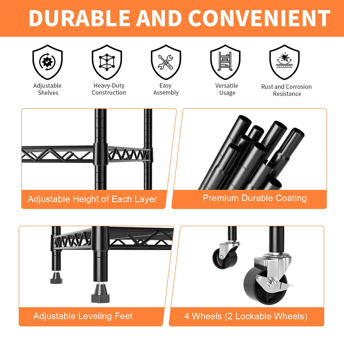 5-Tier Heavy Duty Metal Shelving Unit on Lockable Wheels T5383