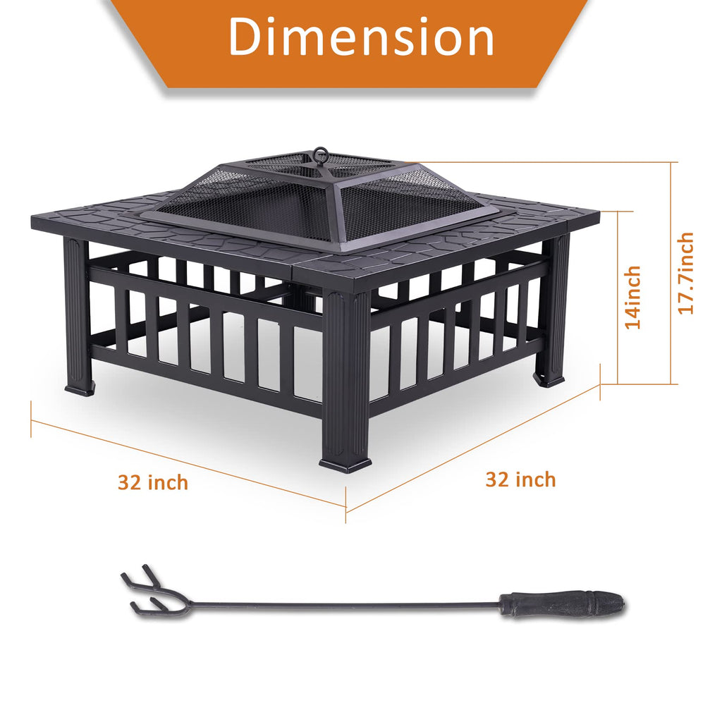 32 Inch Metal Square Outdoor Wood Burning Fire Pit Table Y771023