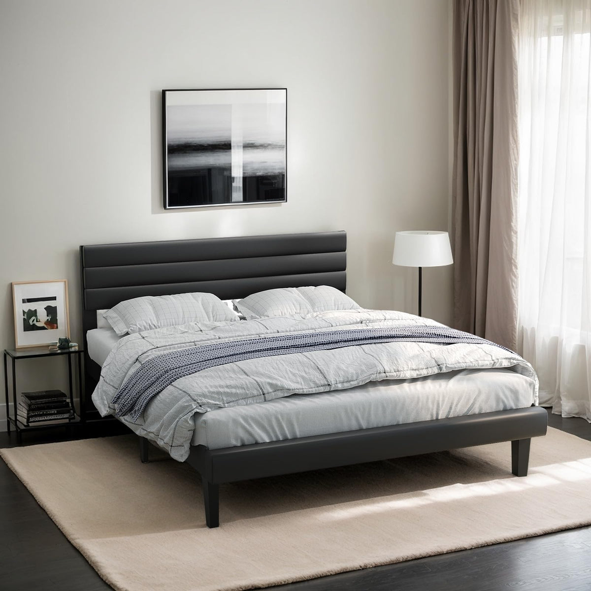 Full Faux Leather Upholstered Platform Bed Frame with Adjustable Headboard F496890