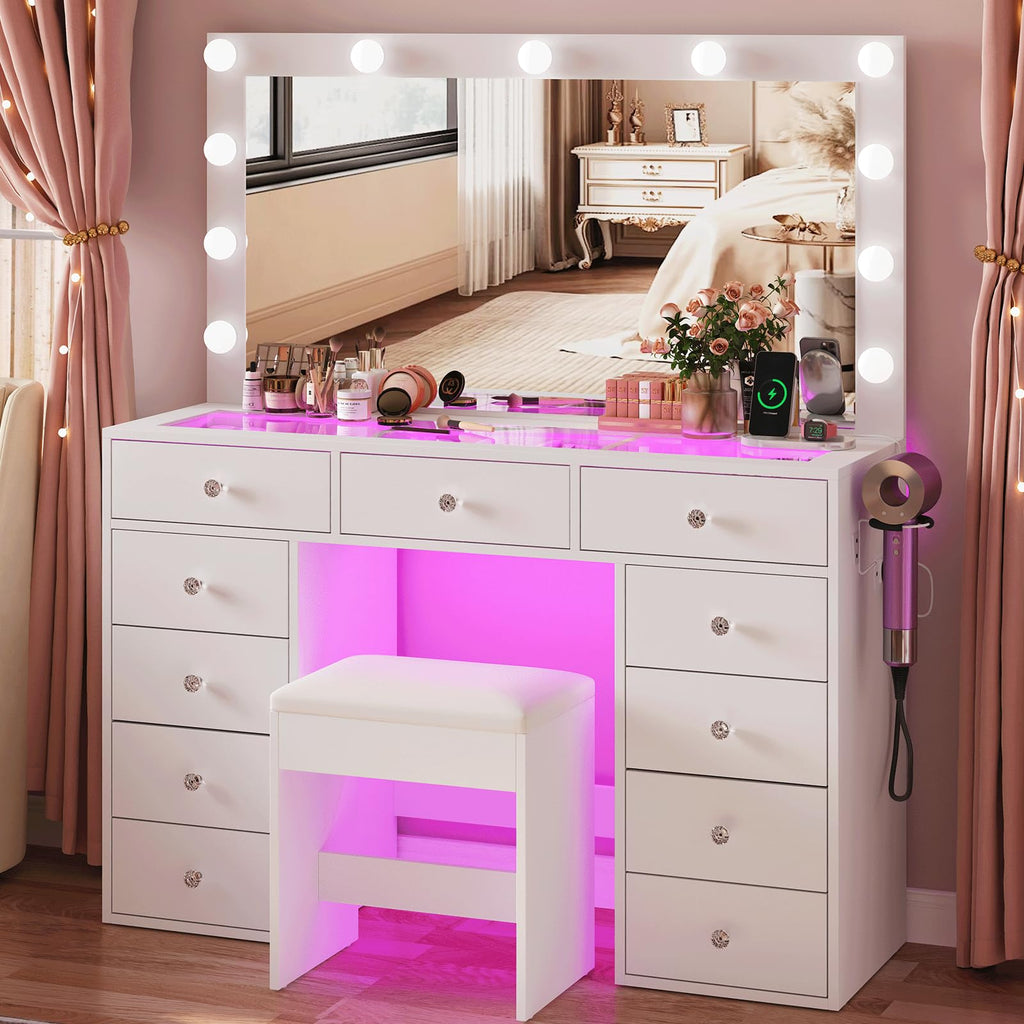 45" Large White Vanity Desk with RGB Lighting B6361
