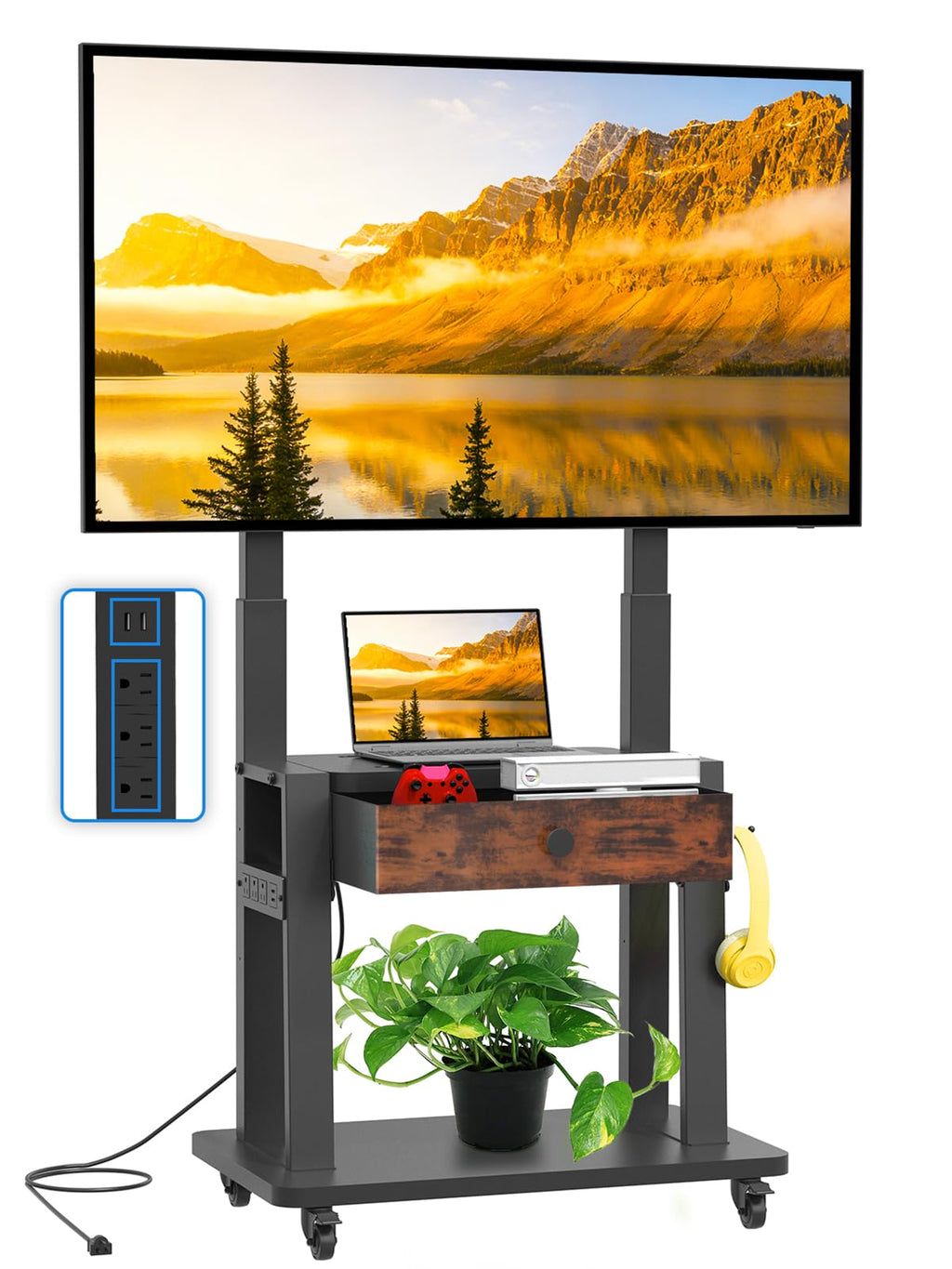 Black Rolling TV Stand with Power Outlet for 32-75 Inch Screens B1866