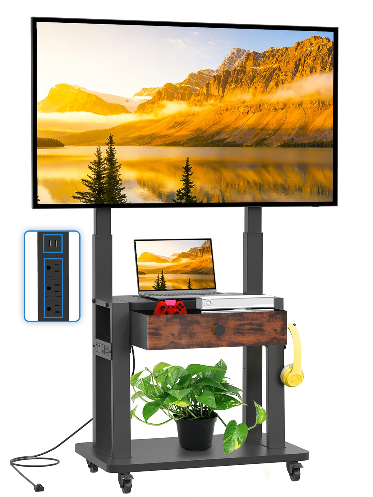 Black Rolling TV Stand with Power Outlet for 32-75 Inch Screens B1866