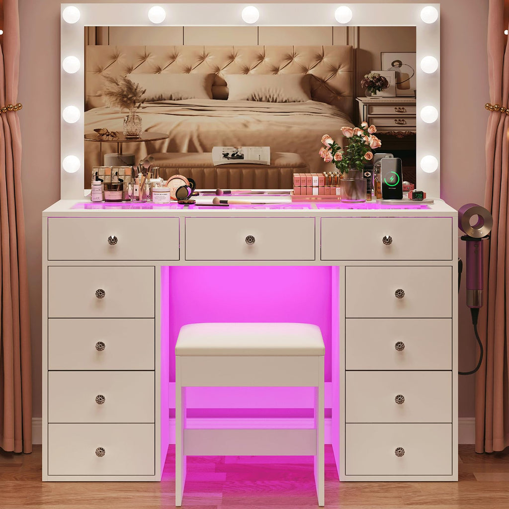 45" Large White Vanity Desk with RGB Lighting B6361