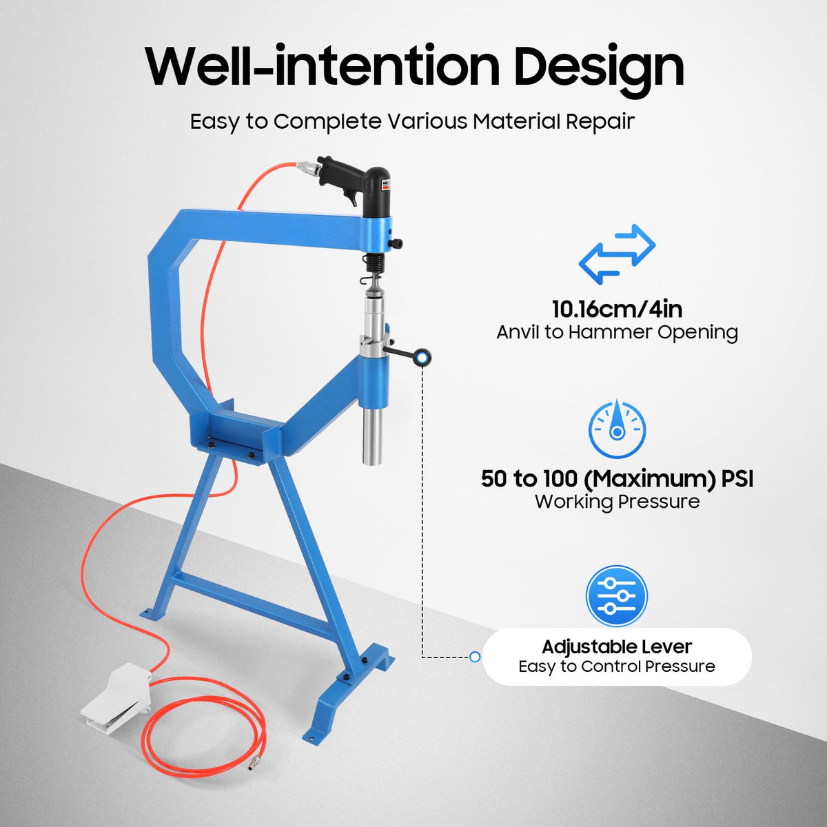 4" Pneumatic Planishing Hammer, 875-1350 RPM Metal Shrinker Stretcher with Cast-Iron Stand, Foot Pedal Q925870