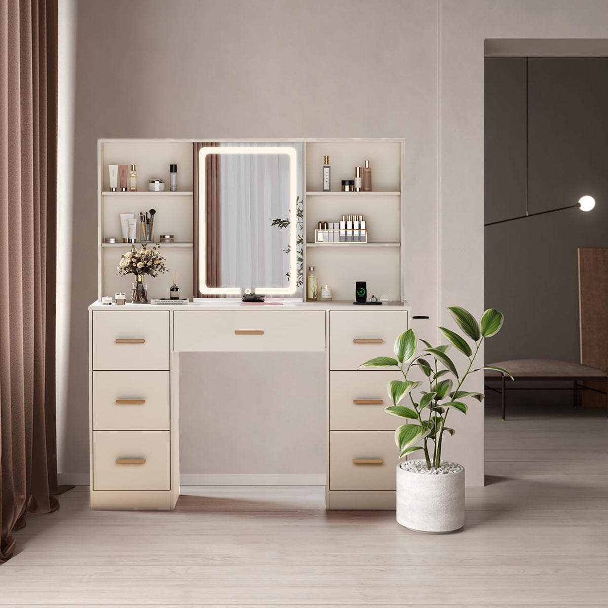 47'' White Vanity Desk with Mirror and Lights, 7 Drawers, 8 Storage Shelves S63069