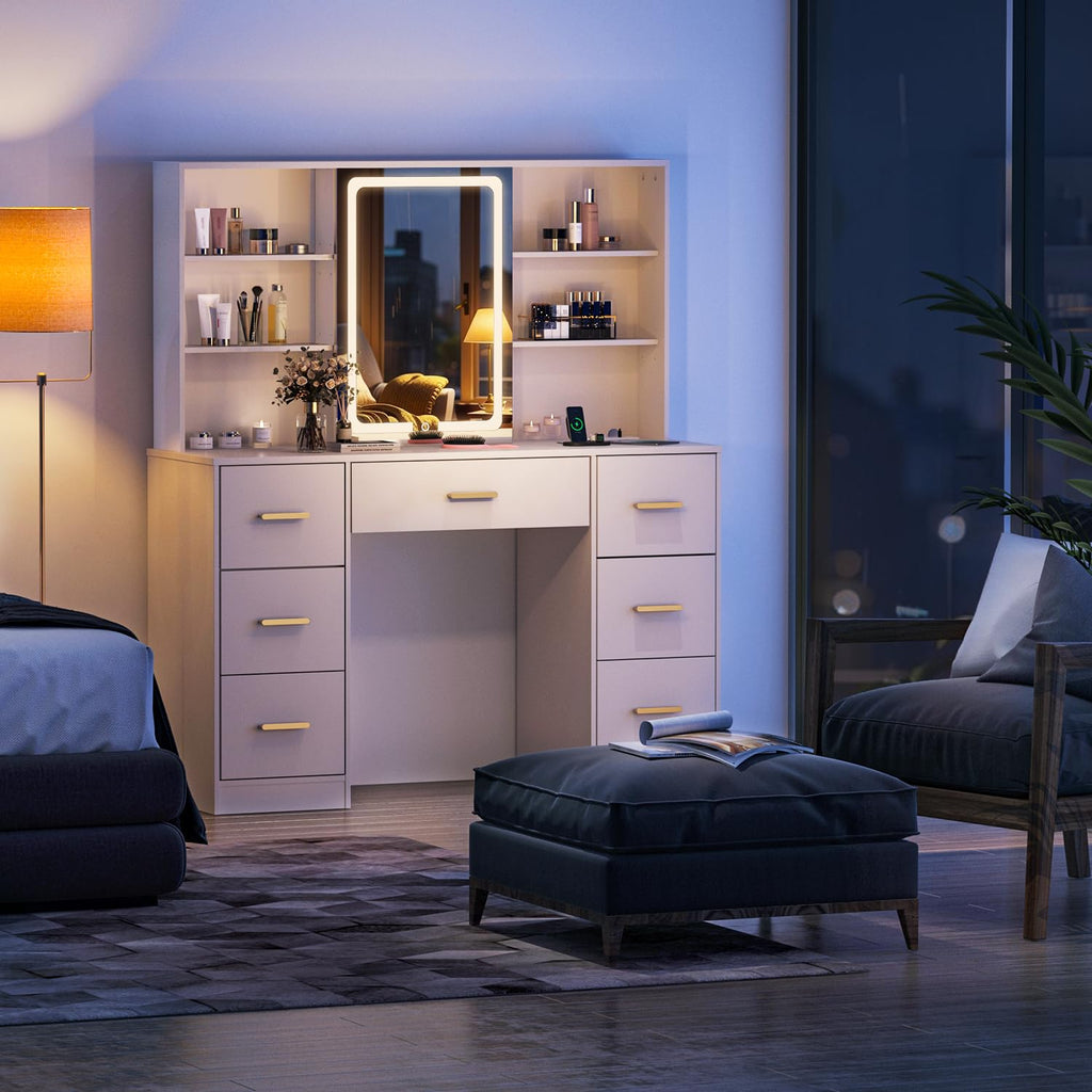 47'' White Vanity Desk with Mirror and Lights, 7 Drawers, 8 Storage Shelves S63069