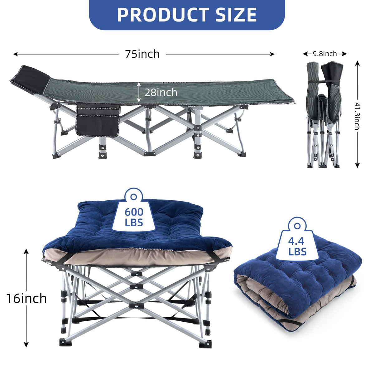 Blue Camping Cot with Cushion, Pillow and Carry Bag U8190