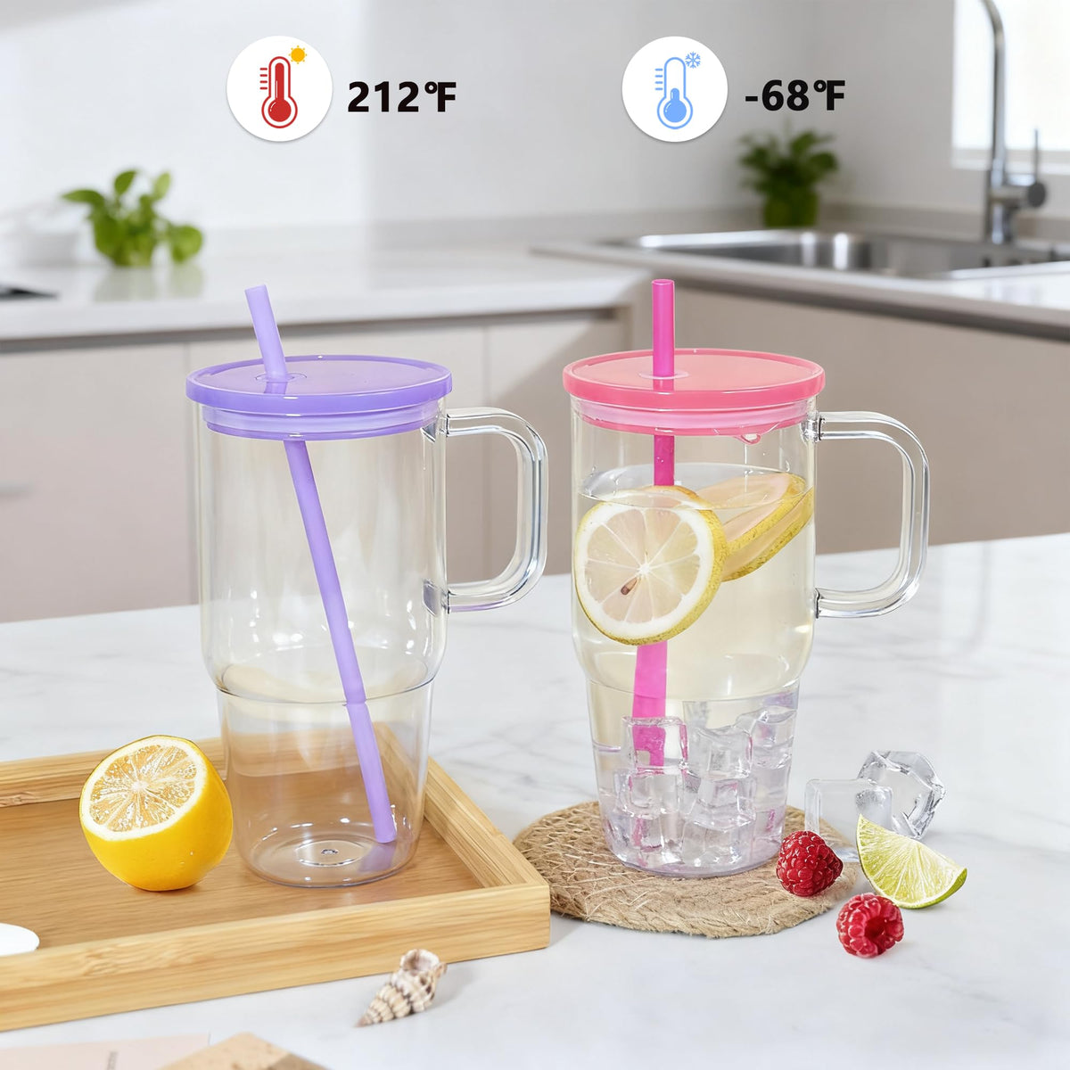 20oz 2Pack Clear Plastic Tumbler with Handle Lid and Straw Y291074