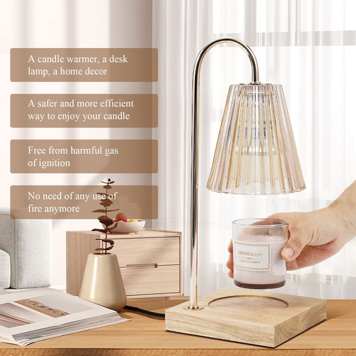 Dimmable Candle Warmer Lamp with Timer Wood Base W846093