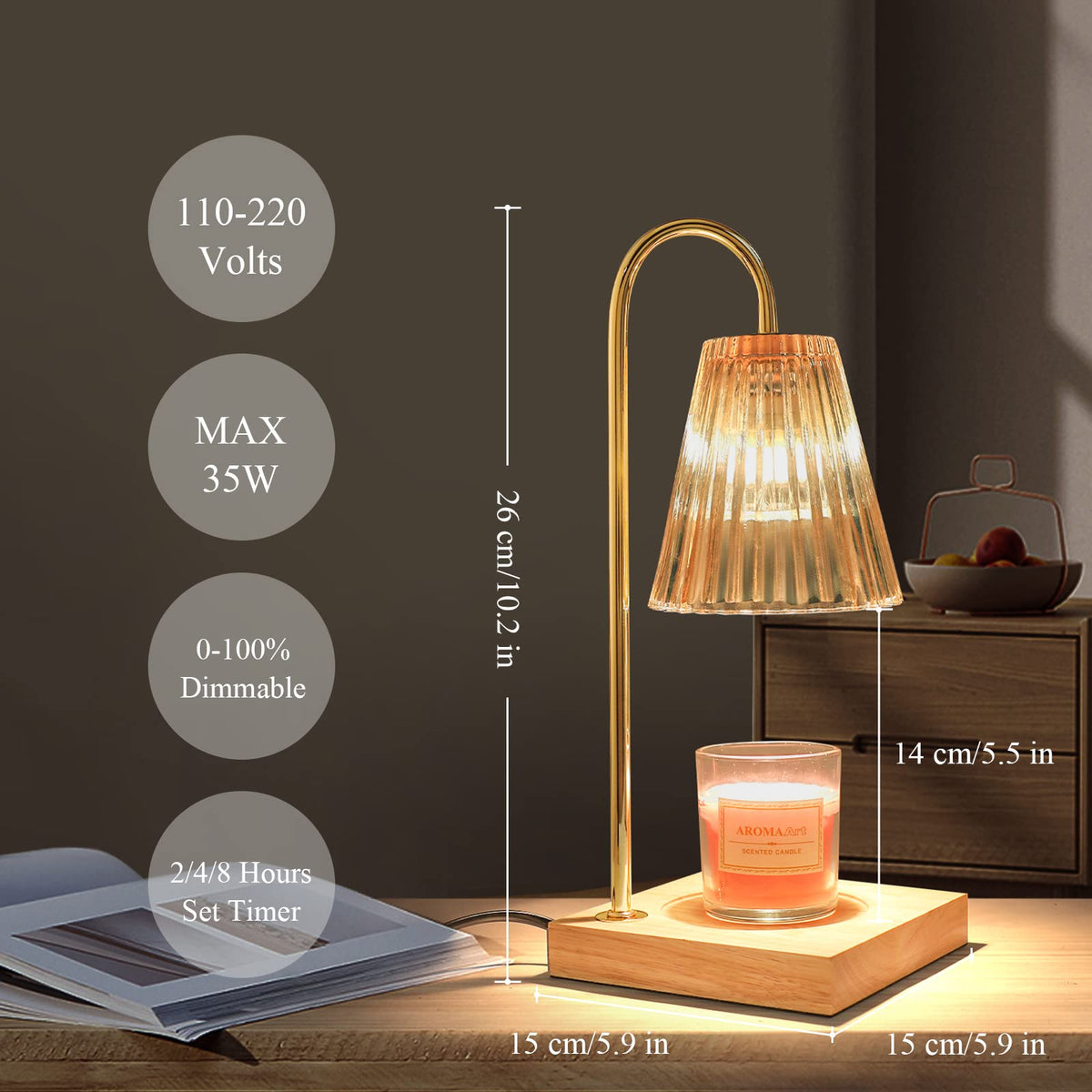 Dimmable Candle Warmer Lamp with Timer Wood Base W846093