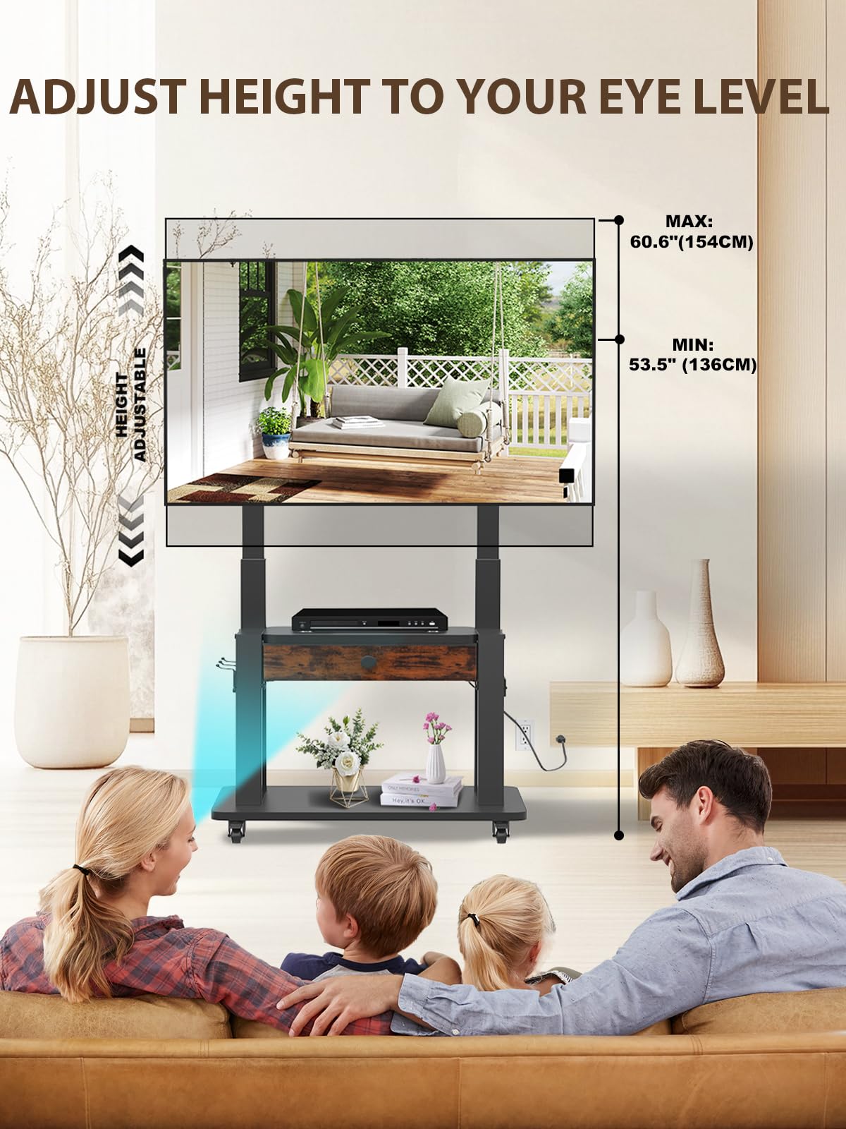 Black Rolling TV Stand with Power Outlet for 32-75 Inch Screens B1866
