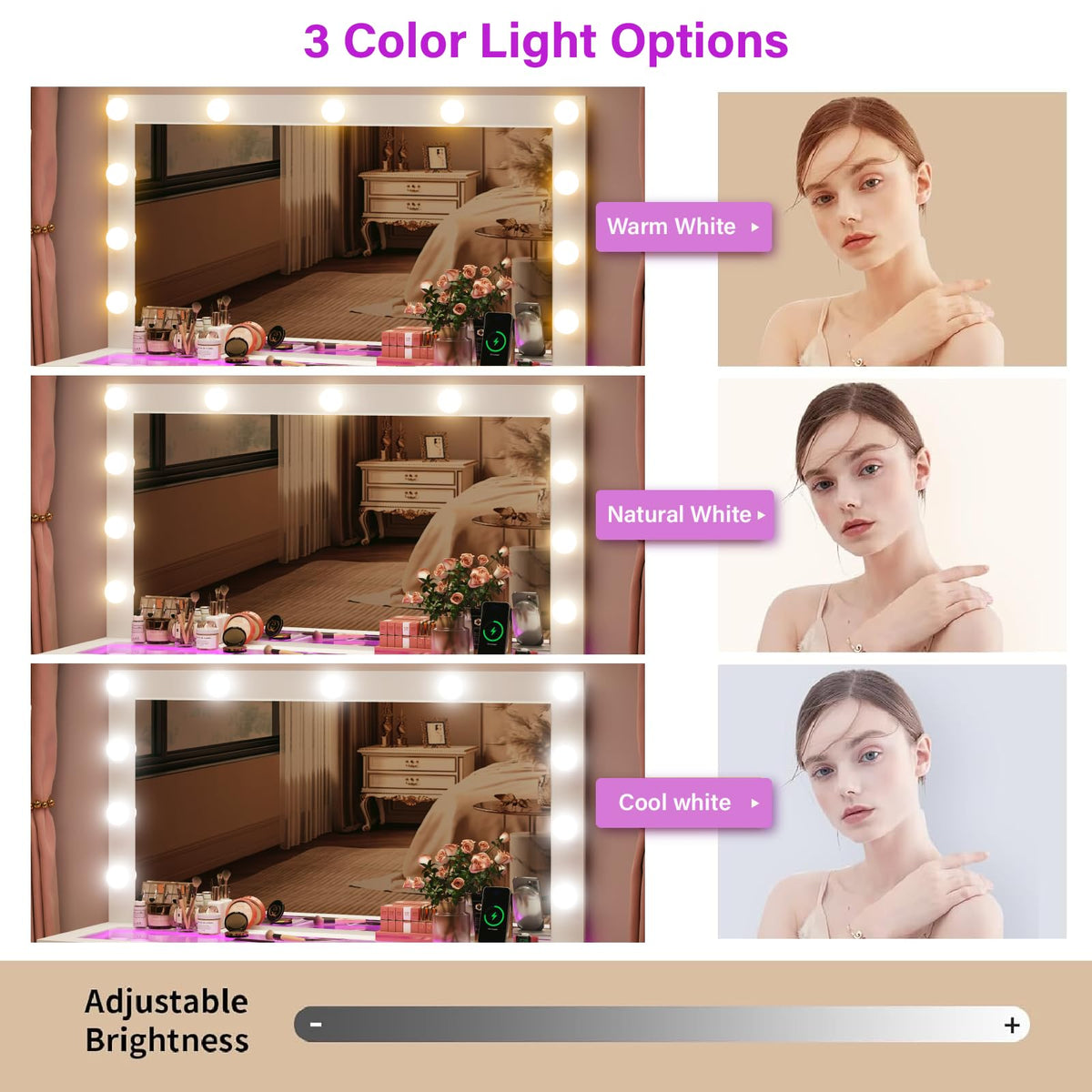 45" Large White Vanity Desk with RGB Lighting B6361