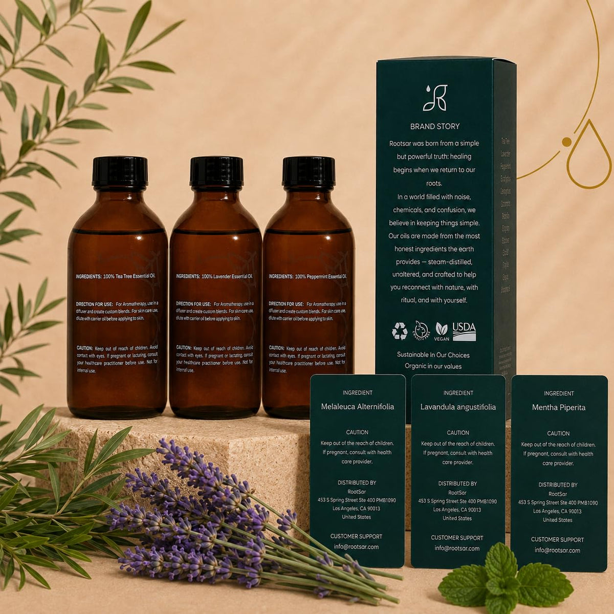 3 Pack Lavender Peppermint Tea Tree Essential Oils 4 Fl Oz M4114