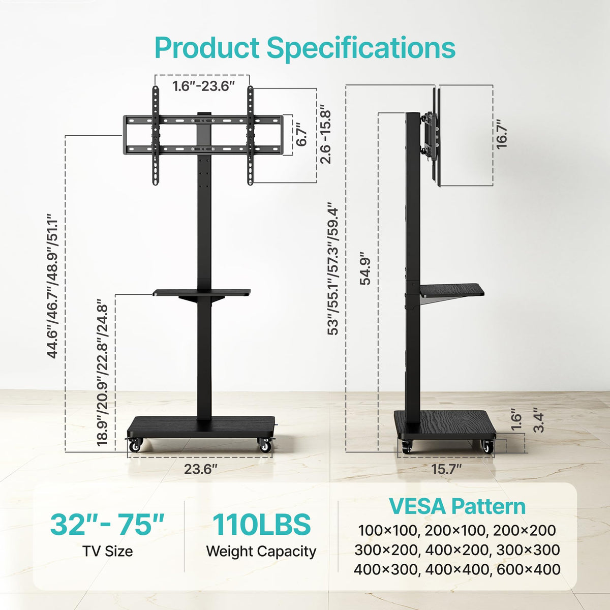 Rolling TV Stand with Power Outlet for 32-75 Inch TVs K9311