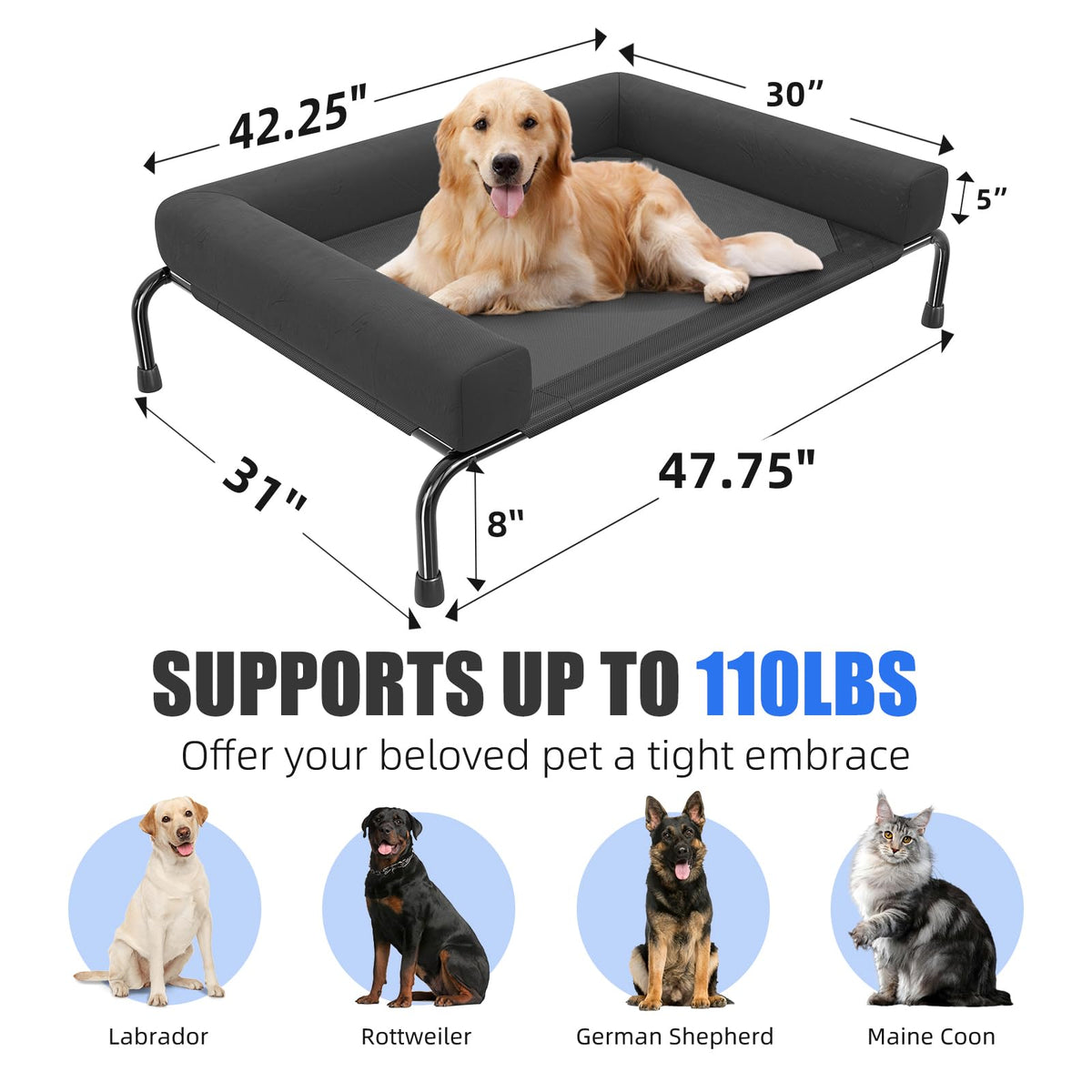 Elevated Dog Bed with Bolsters, Black G756