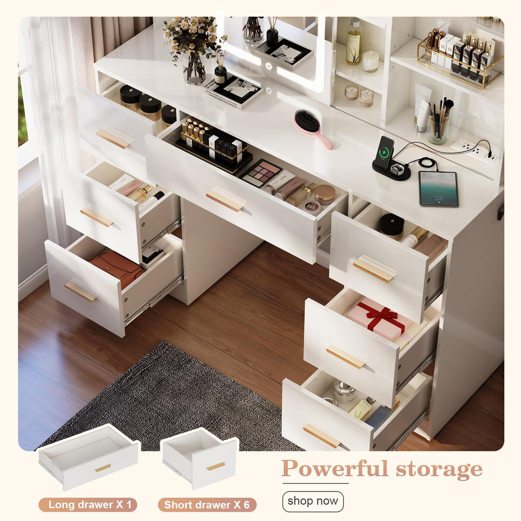 47'' White Vanity Desk with Mirror and Lights, 7 Drawers, 8 Storage Shelves S63069