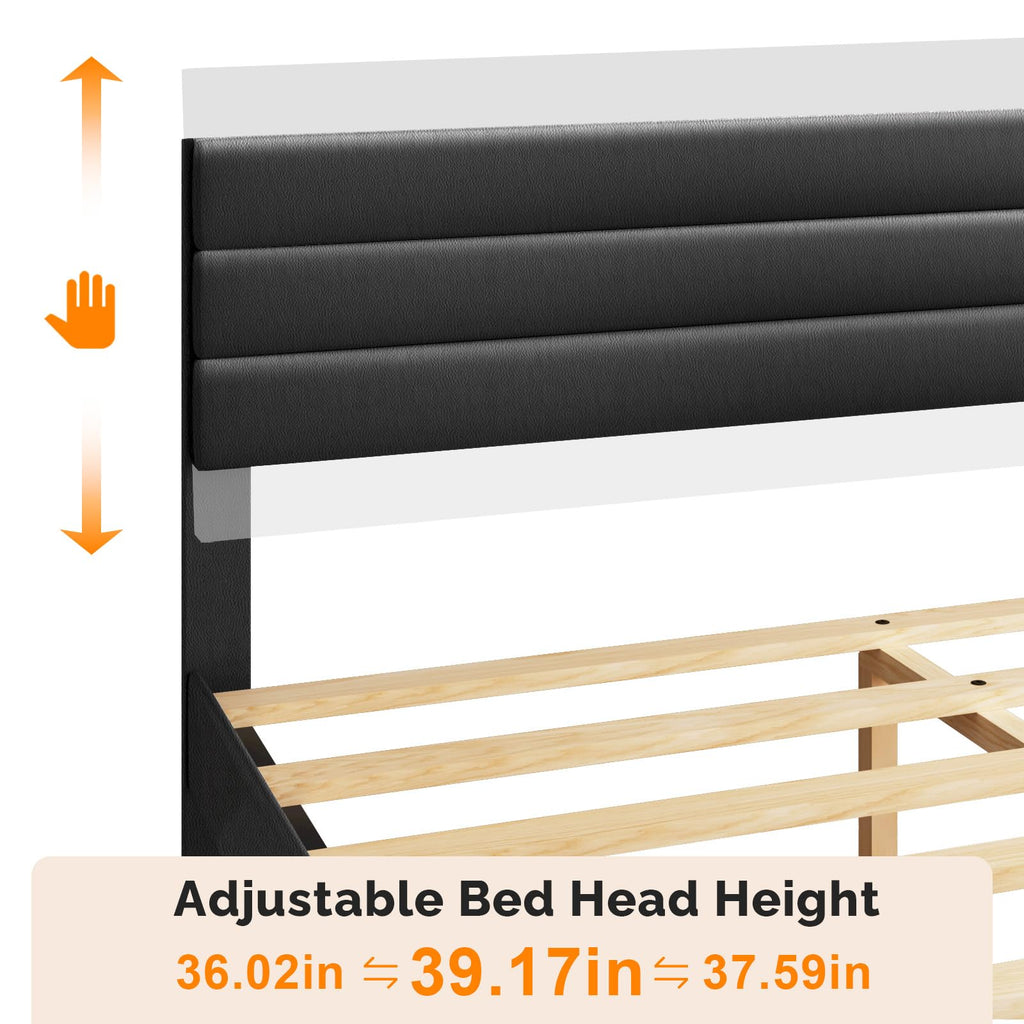 Full Faux Leather Upholstered Platform Bed Frame with Adjustable Headboard F496890