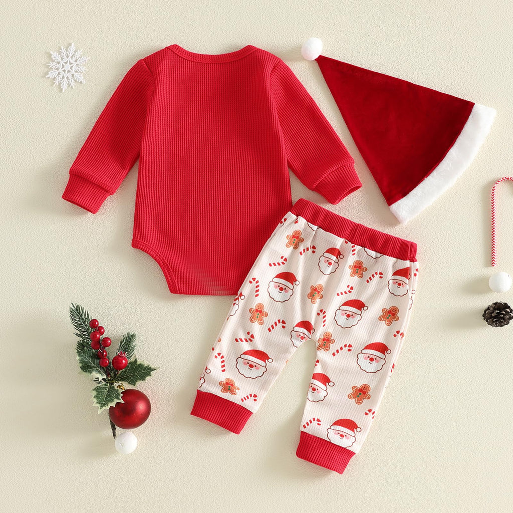 Newborn Baby Boy 3 Piece Waffle Long Sleeve Romper Pants Hat Set N286