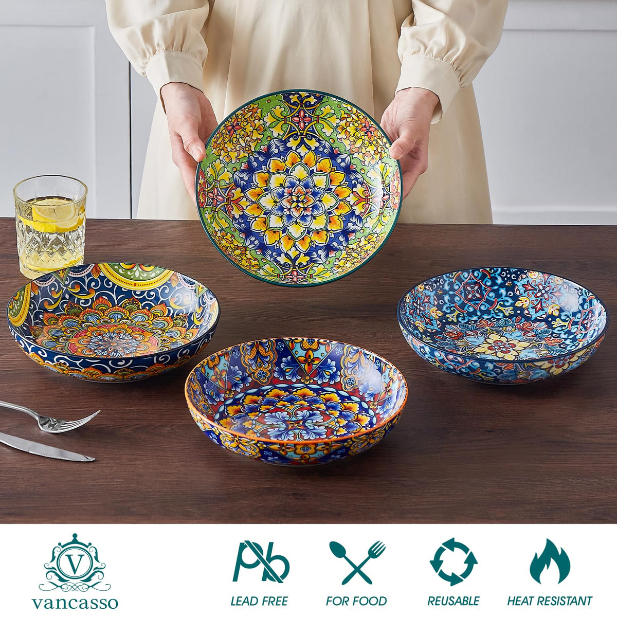 Pasta Bowls Set of 4, 42oz Ceramic Serving Bowls F761