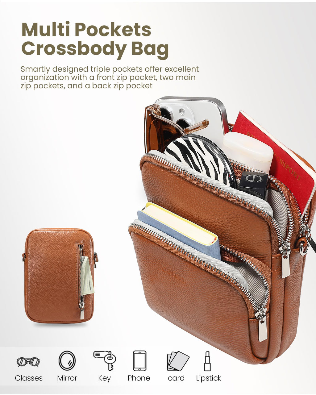 Small Genuine Leather Crossbody Bag with RFID Blocking Card Slots V48944