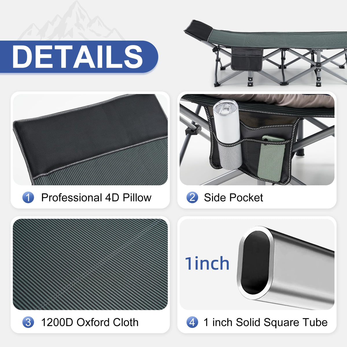 Blue Camping Cot with Cushion, Pillow and Carry Bag U8190