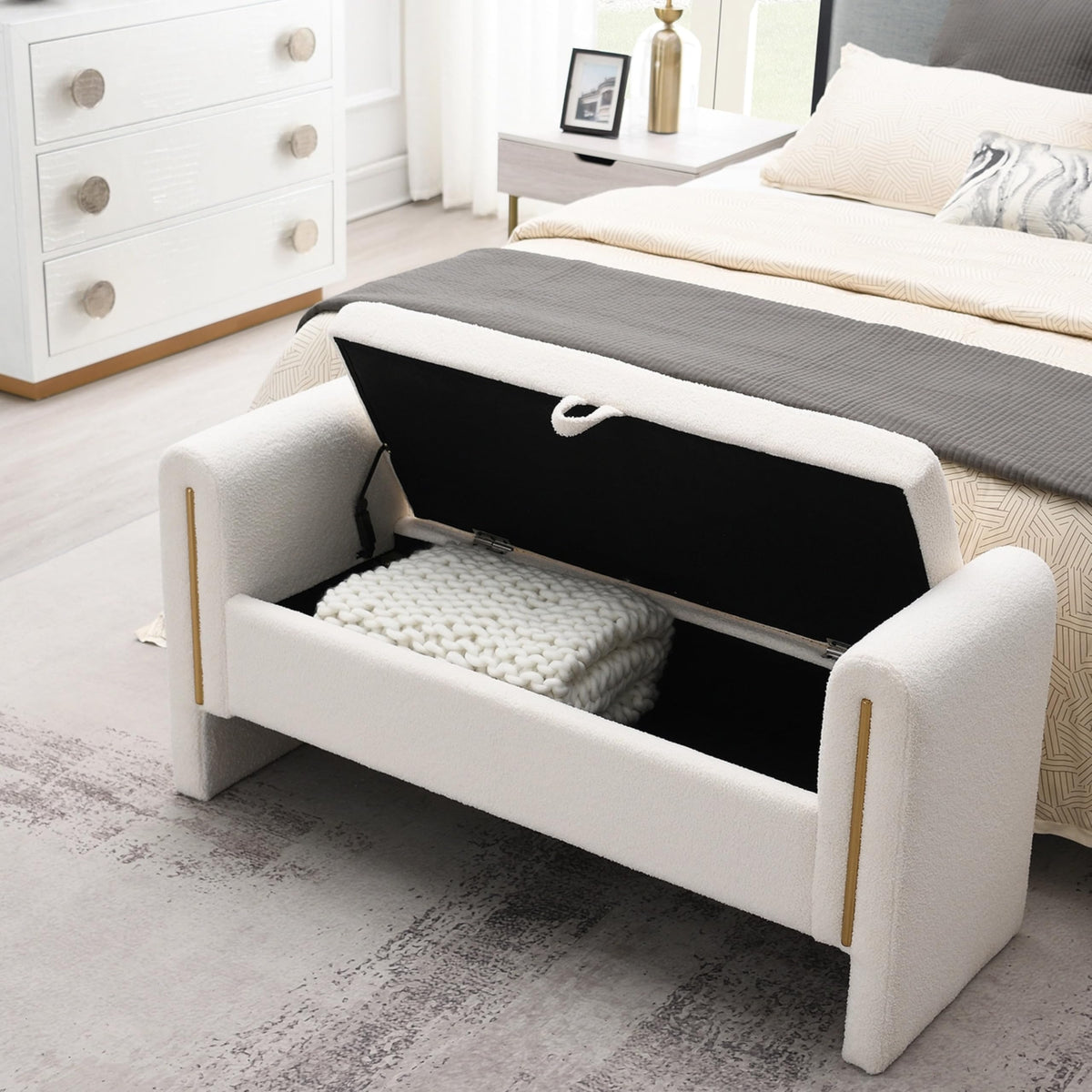 White Upholstered Storage Ottoman T895330