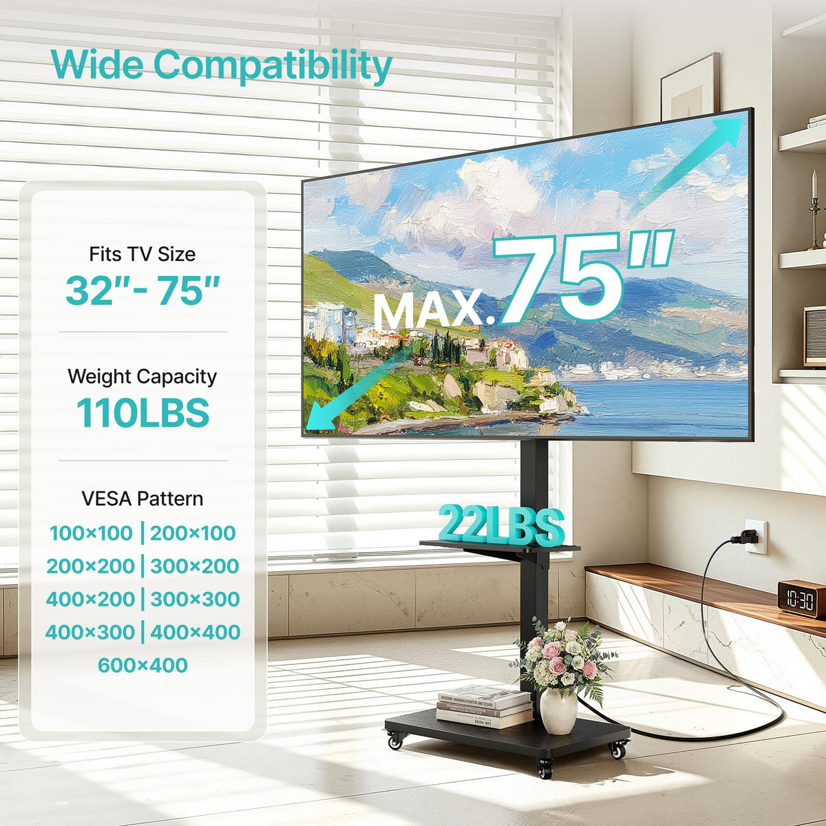 Rolling TV Stand with Power Outlet for 32-75 Inch TVs K9311