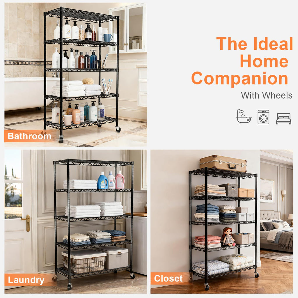 5-Tier Heavy Duty Metal Shelving Unit on Lockable Wheels T5383