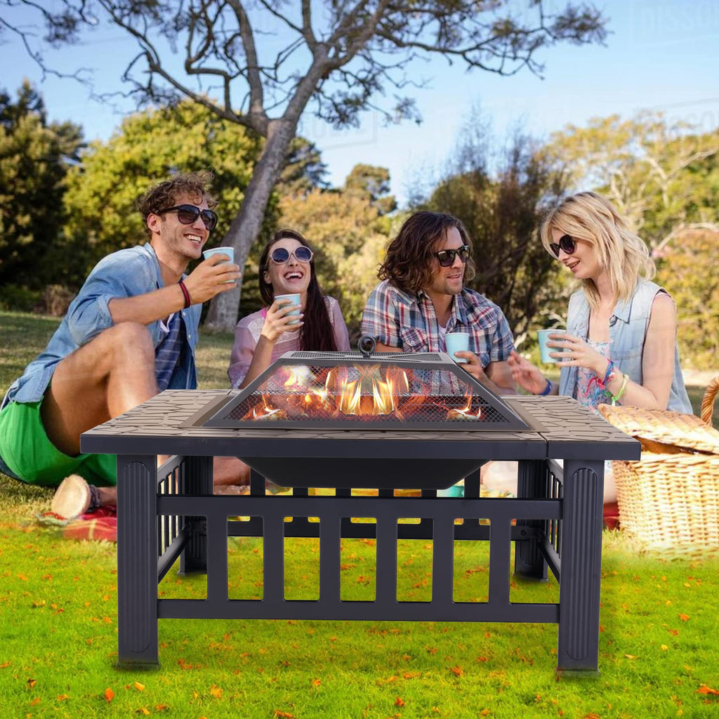 32 Inch Metal Square Outdoor Wood Burning Fire Pit Table Y771023