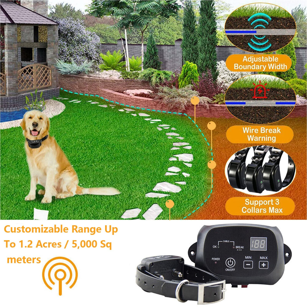 Electric Dog Fence, Aboveground Underground Pet Containment System, Covers up to 3/4 Acre, Waterproof Rechargeable Training Collar, Shock Tone Correction G359