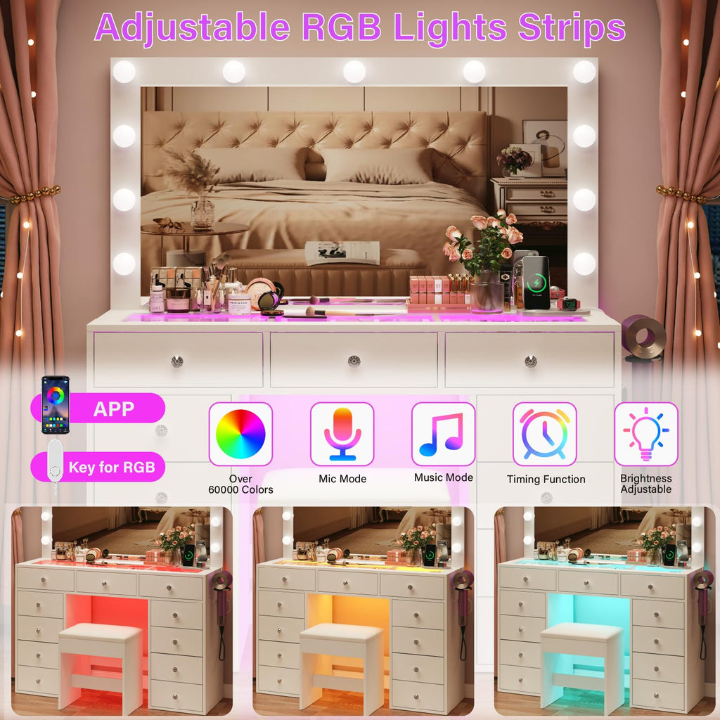 45" Large White Vanity Desk with RGB Lighting B6361